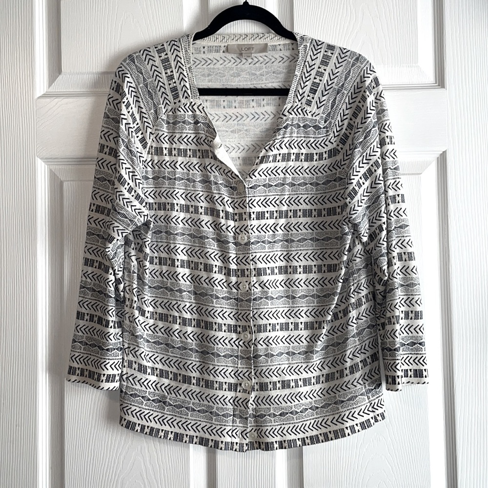 Loft White and Navy Blue Print Cardigan - Large